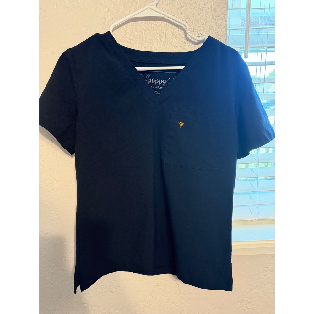Poppy The Wilder Womens Black V-Neck Scrub Top Chest Pocket Small